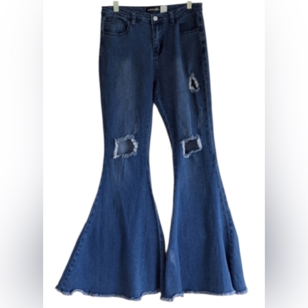 Kira Kira Large Denim Distressed Flare Bell Bottom blue jeans Bohemian Hippie